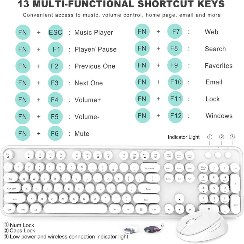 SkyGive Wireless Keyboard and Mouse Combo, Ergonomic Full Size Typewriter Retro Round Keycaps Keyboard, Compatible with Windows, PC, Perfer for Home and Office Keyboards（White） - Image 4